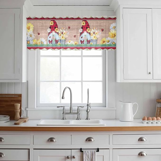 Ladybug Gnome Sheer Valance Curtains, Country Summer Rustic White Yellow Daisy Floral Wood Grain Light Filtering Kitchen Valances Rod Pocket Voile Curtain for Bedroom/Living Room/Basement 42Wx18L