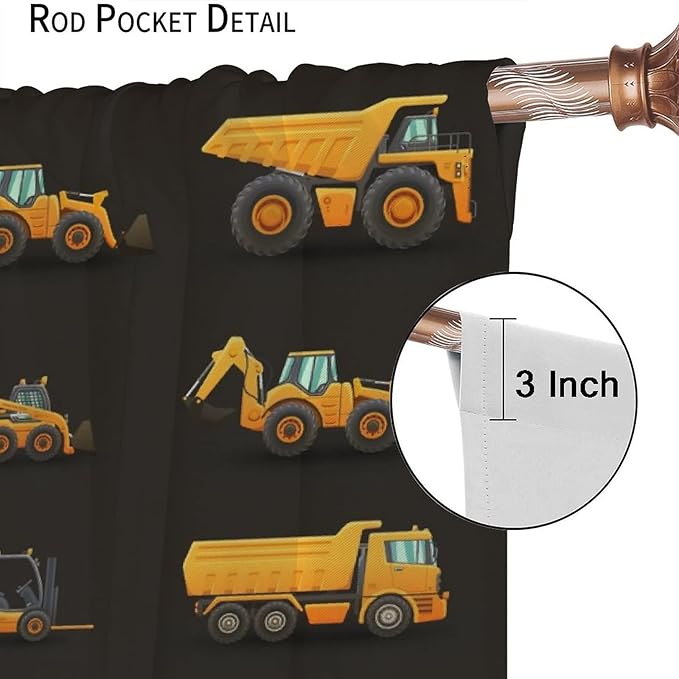 Kids Construction Window Curtains, Construction Machinery Equipment Mode of Transport Bulldozer Tractor Windows Curtain for Children Teens Room Decor 63x63in (30% Blackout)