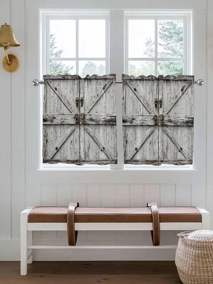 Vintage Gate Half Window Curtains 24 Inches Long, Farmhouse Wooden Grain Shabby Chic Door Window Treatment Curtain Drapes, Short Curtains Tiers for Kitchen Over Sink, 27.5"x24", 2 Panels