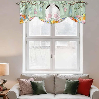 Easter Tie Up Valance Curtains for Windows, Kitchen Curtains Window Shades, Spring Watercolor Bunny Eggs Wooden Grain Green Light Filtering Roman Curtain Valances for Bedroom/Bathroom/Cafe 42"x12"