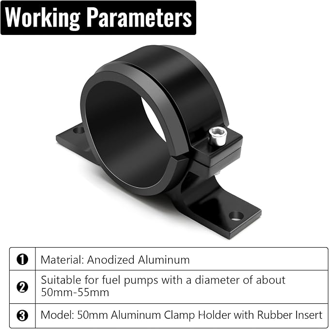 2 Pcs Universal Car Fuel Pump Fuel Filter Mounting Bracket Aluminum Clamp Holder with Rubber Insert, Black Hard Aluminum Anodized Accessories Suitable for Vehicle Fuel Oil Line (50 to 55 mm)
