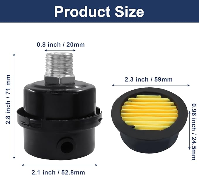 2 Pcs Air Compressor Silencer, 1/2 Inch Thread Intake Filter Muffler, 20 mm Air Compressor Silencer Filter for Generators and Blowers