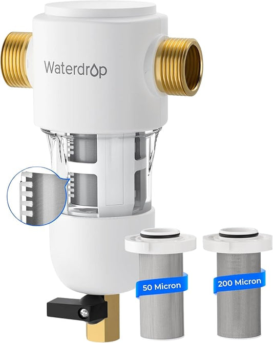Waterdrop Spin Down Sediment Filter, 50/200 Micron Reusable Whole House Water Filter Sediment System, Flushable Pre-Filter System for City/Well Water,1" MNPT + 3/4" FNPT