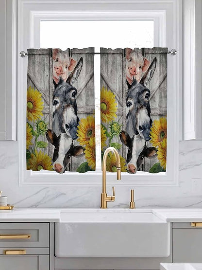 Farmhouse Kitchen Curtains 45 Inches length, Vintage Sunflowers Animals Printed Wood Grain Window Treatment Curtain Drapes, Lightweight Window Panels for Living Room Bedroom, 52"x45", 2 Panels