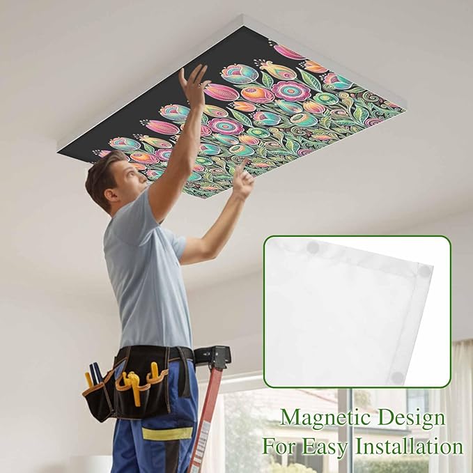 Fluorescent Light Covers for Ceiling Lights Colorful Flowers Magnetic Light Filters 1 Pack 4x2 ft Abstract Lines Floral Ceiling Lights Cover for Classroom Office School Home Drop Lamp Decor