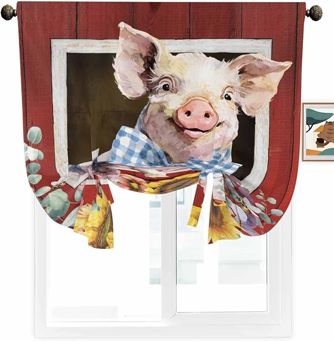 Tie Up Curtains for Windows, Pig Sunflowers Adjustable Balloon Nature Linen Textured Kitchen Curtain, Eucalyptus Leaves Floral Bees Red Barn Thermal Insulated Curtains for Window, 42" x 54"