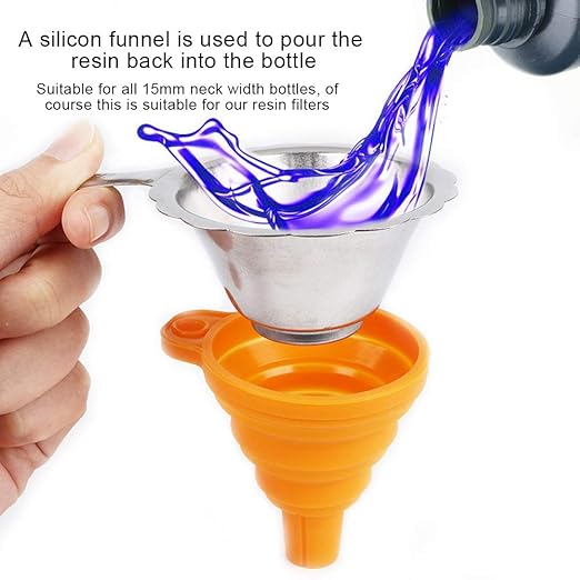 3D Printer Metal Filter Funnel,3D Printer Resin Foldable Silicone Funnel+Metal Filter Mesh,Convenient Folding Design,Easy to Clean, for All 15mm Neck Width Bottles