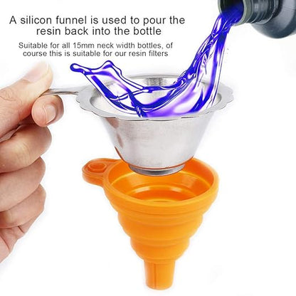 3D Printer Metal Filter Funnel,3D Printer Resin Foldable Silicone Funnel+Metal Filter Mesh,Convenient Folding Design,Easy to Clean, for All 15mm Neck Width Bottles