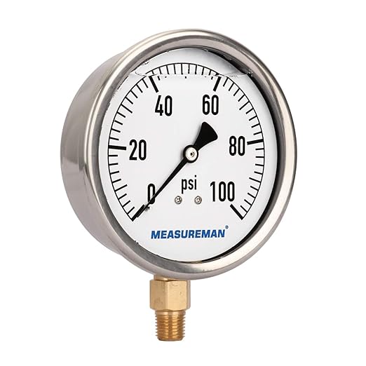 MEASUREMAN 4" Dial Size, Glycerin Filled Plumbing Pressure Gauge, 0-100psi, Stainless Steel Case, 1/4" NPT Lower Mount