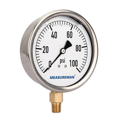 MEASUREMAN 4" Dial Size, Glycerin Filled Plumbing Pressure Gauge, 0-100psi, Stainless Steel Case, 1/4" NPT Lower Mount