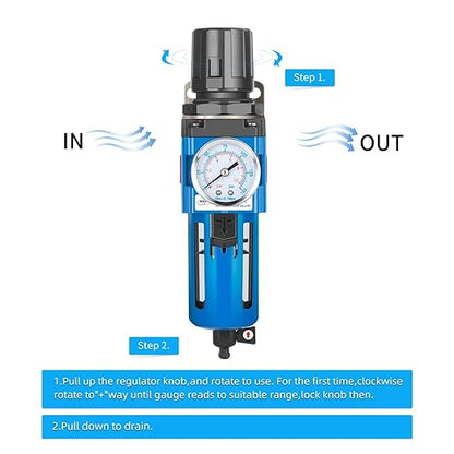 NANPU 3/4" NPT Compressed Air Filter Regulator Combo Piggyback, 5 Micron Brass Element, Poly Bowl, Manual Drain, Metal Bracket, 0-150 psi Gauge- AW4000-06M