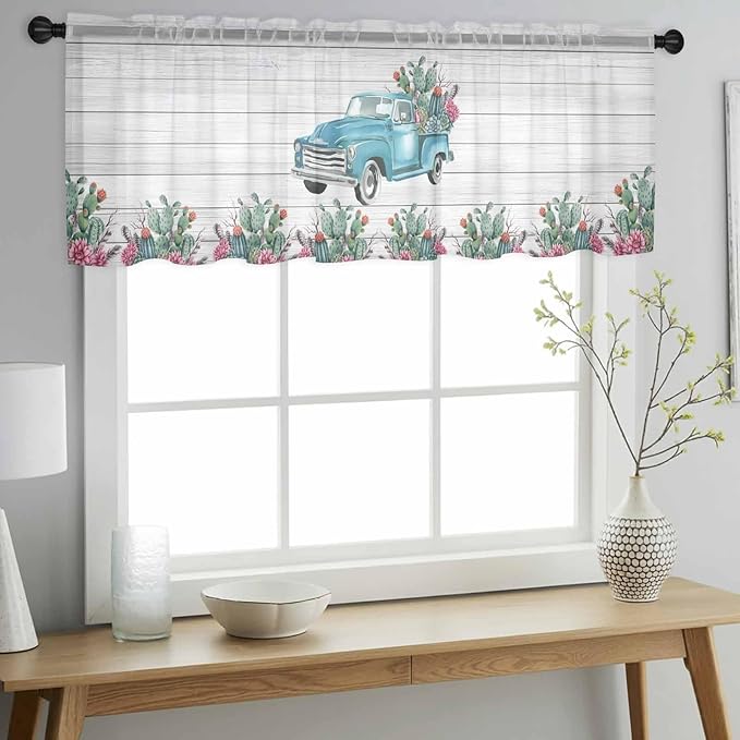 Farmhouse Sheer Valance Curtains, Summer Blue Car with Cactus Succulents Wood Grain Light Filtering Kitchen Valances Rod Pocket Voile Curtain Window Treatment for Bedroom/Living Room/Basement 54Wx18L