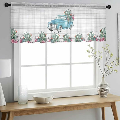 Farmhouse Sheer Valance Curtains, Summer Blue Car with Cactus Succulents Wood Grain Light Filtering Kitchen Valances Rod Pocket Voile Curtain Window Treatment for Bedroom/Living Room/Basement 60Wx18L