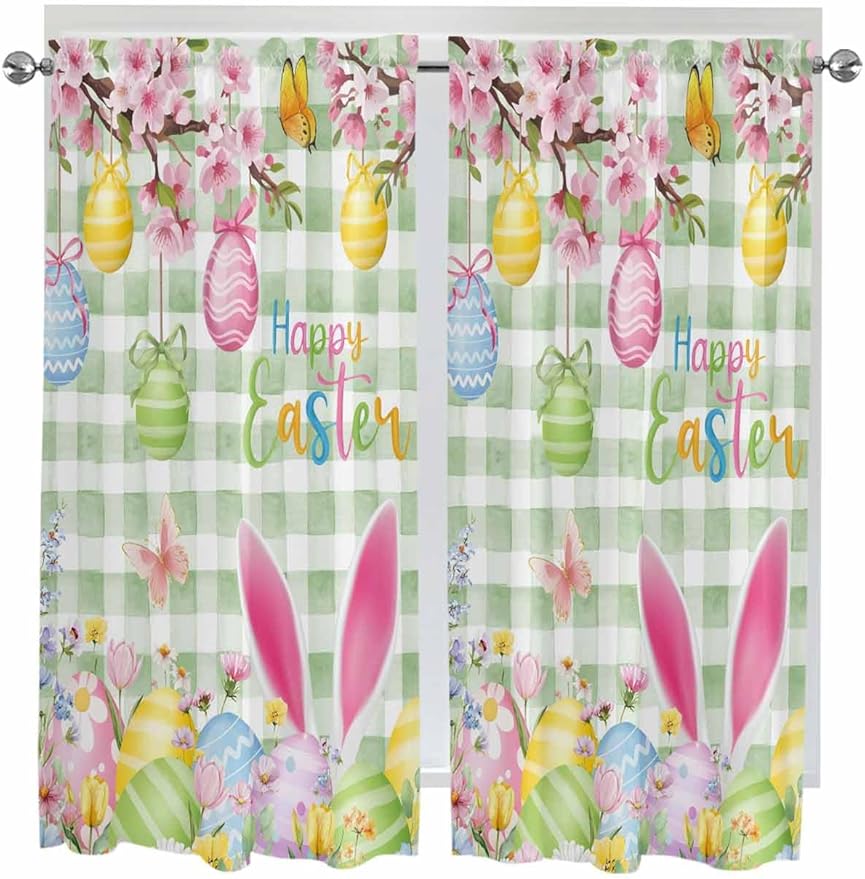 Happy Easter Living Room Curtains 72 Inches length, Spring Bunny Eggs Flower Sage Green Plaid Window Treatment Curtain Drapes, Light Filtering Drapes for Bedroom Laundry Room, 52"x72", 2 Panels