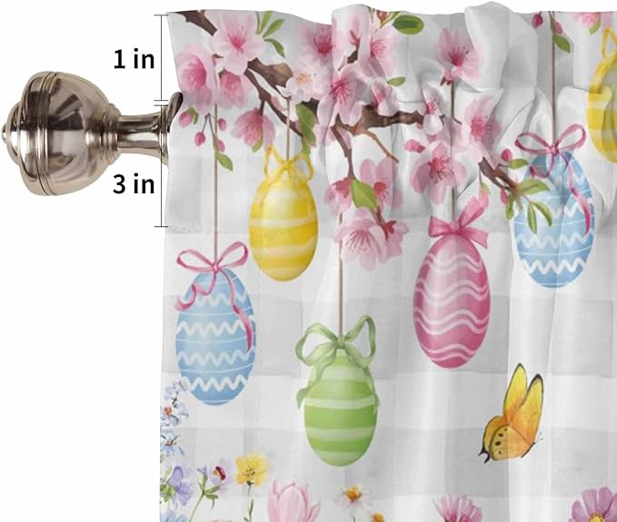 Happy Easter Kitchen Curtains 45 Inches length, Spring Watercolor Bunny Eggs Flower Grey Plaid Window Treatment Curtain Drapes, Lightweight Window Panels for Living Room Bedroom, 52"x45", 2 Panels