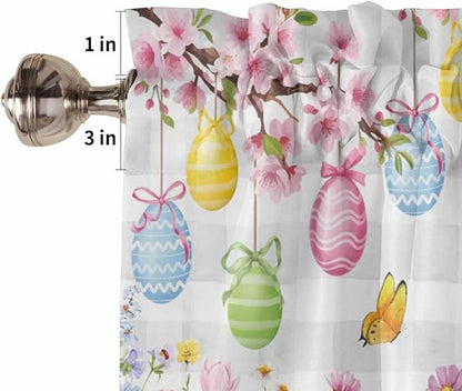 Happy Easter Kitchen Curtains 54 Inches length, Spring Watercolor Bunny Eggs Flower Grey Plaid Window Treatment Curtain Drapes, Decorative Window Curtains for Bedroom Cafe, 52"x54", 2 Panels