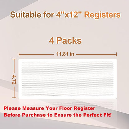 White Floor Register Vent Screen Cover 4"x12" Magnetic, Perfect for Wall/Ceiling/Floor Air Vent Filters (4-Packs)