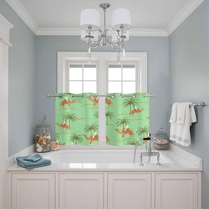2 Panel Kitchen Cafe Curtains, Desert Camels Sunlight Filtering Nature Air Through, Home Decor Window Covering Tier Curtains for Living Room 55W x 39L inch Tropical Date Palm Trees Animal Green