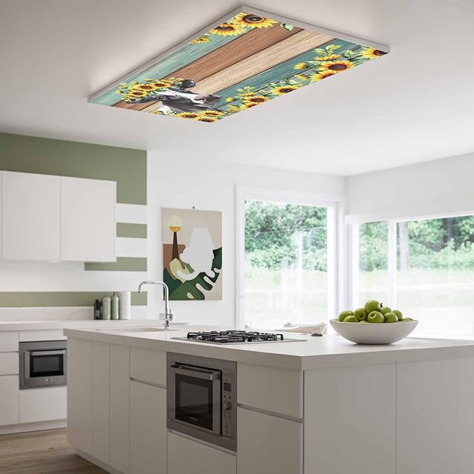 Fluorescent Light Covers Farm Cow Sunflower Magnetic Light Filters Vintage Blue Green Wood Grain Ceiling Light Covers for Classroom Office Home Drop Ceiling Lamp Decor 4 Pieces