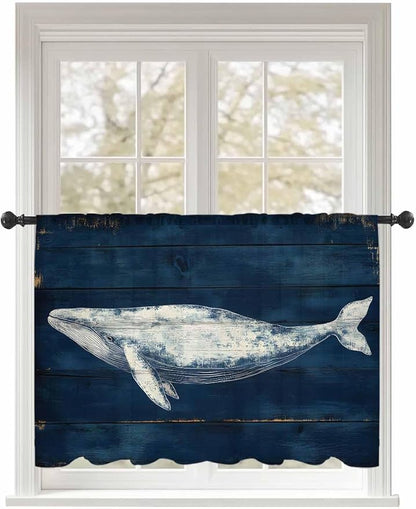 Sheer Curtains 45 Inch Length, Summer Whale Semi Sheer Curtains Light Filtering Window Treatment, Ocean Watercolor Wooden Grain Blue Privacy Voile Drapes for Living Room Bedroom 52x45 Inch
