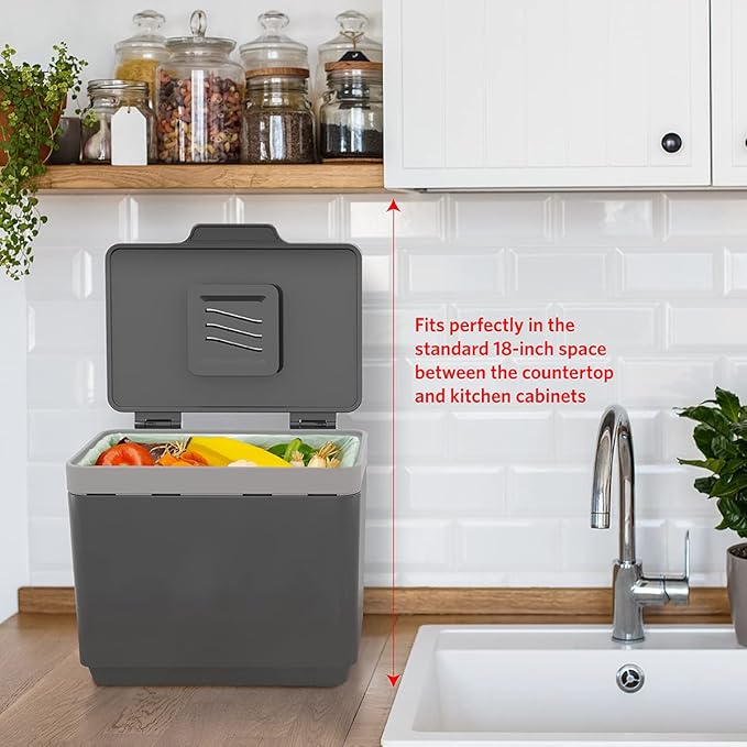 Glad Compost Bin for Kitchen, 1.5 Gallon | Plastic Container with Removable Inner Basket, Bag Storage Holder, and Carbon Odor Blocking Filters, Gray