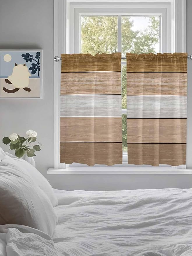 Retro Farm Wood Board Window Valance Curtains, Brown Graduality Striped Light Filtering Kitchen Valance with 3-inch Rod Pocket for Living Room Bathroom Bedroom,2 Panel,42x45In
