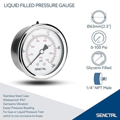 SENCTRL 0-100 Psi Glycerin Liquid Filled Low Pressure Gauge, 2.5" Dial Size, 1/4" NPT Back Mount, Stainless Steel Case, for Water Pump, Pneumatic Air, Well, RV Hose Tank, Pressure Test