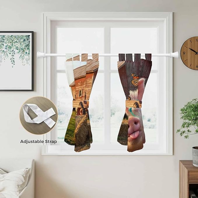 Farm Pig Kitchen Curtains 45 Inch Length, Short Cafe Window Curtains Tab Top, Farmhouse Barn Funny Animals Butterfly Light Filtering Window Treatments Tier Drapes 27.5"x45" 2 Panel