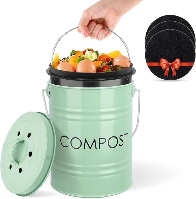 Vipush Compost Bin Kitchen Countertop Composter with lid – Small Compost ContainerI Includes Inner Compost Bucket Liner & Charcoal Filter, Green