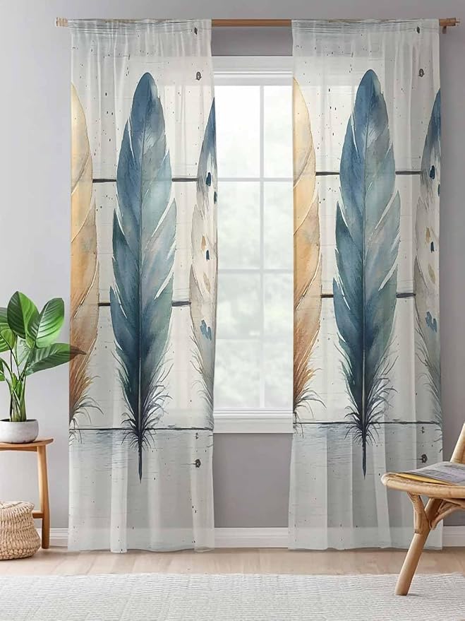 Sheer Curtains 96 Inches Long, Boho Blue Feathers Semi Sheer Curtains Light Filtering Window Treatment, Country Vintage Wooden Grain Privacy Voile Drapes for Living Room Bedroom 52x96 Inch