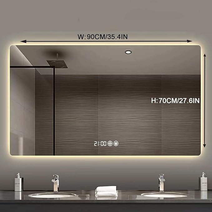 Bathroom Mirror with LED Lights，LED Bathroom Mirror，Smart Lighted Bathroom Mirror for Wall，Energy-Saving LED Smart Mirrors，with Demister Pad，Three-Color Light(H70*W90cm/H27.6*W35.4IN)