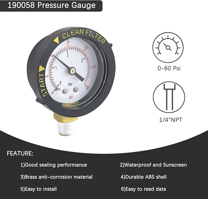 190058 Pressure Gauge 0-60 PSI with 1/4” NPT Bottom Mount Replacement for Pool and Spa Valve Filter