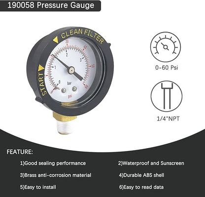 190058 Pressure Gauge 0-60 PSI with 1/4” NPT Bottom Mount Replacement for Pool and Spa Valve Filter