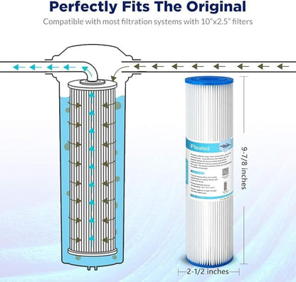 Membrane Solutions 5 Micron Pleated Polyester Sediment Water Filter 10"x2.5" Replacement Cartridge Universal Whole House Pre-Filter Compatible with W50PE, WFPFC3002, SPC-25-1050, FM-50-975 - 4 Pack