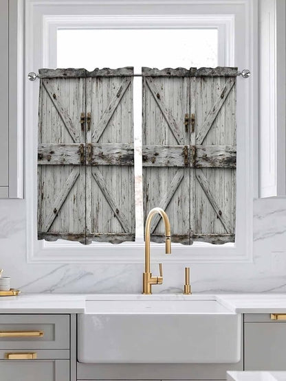 Vintage Gate Kitchen Curtains 54 Inches Length, Farmhouse Wooden Grain Shabby Chic Door Window Treatment Curtain Drapes, Decorative Window Curtains for Bedroom Cafe, 52"x54", 2 Panels