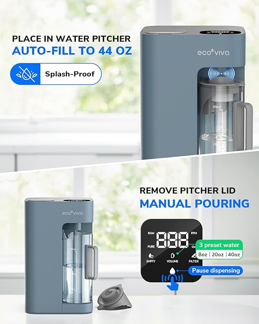 Ecoviva Mate 3 Countertop Reverse Osmosis Water Filter, 8-Stage RO Water Filtration System with 44oz Water Pitcher Smart Auto-Filling, 3:1 Pure to Drain, NSF Certified Tabletop Purifier, Blue