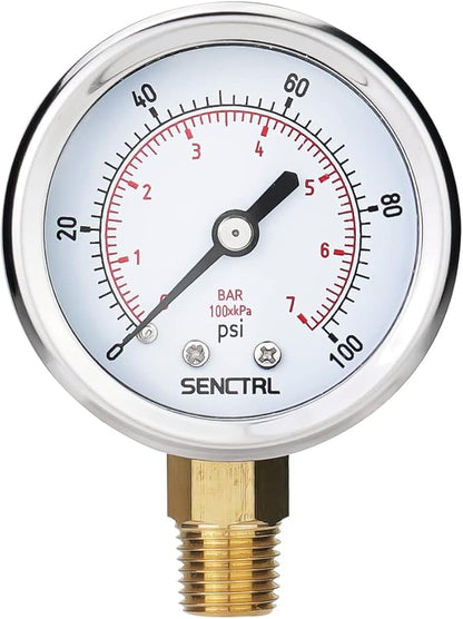 SENCTRL 0-100 Psi Pressure Gauge, 2" Dial Size, 1/4 NPT Lower Mount, Waterproof, Stainless Steel Case, for Water Filter Well Pump Air Tire Low Pressure Test