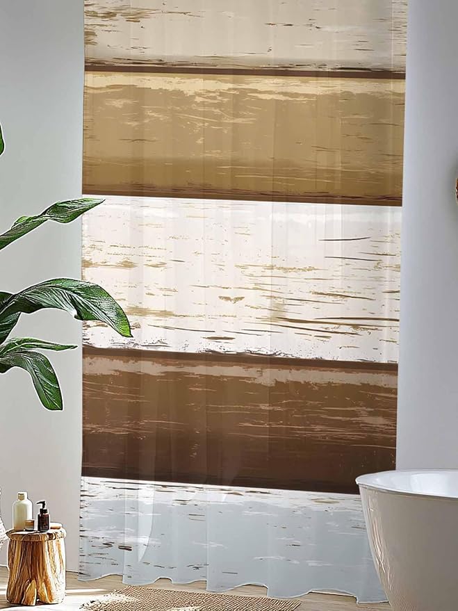 Sheer Curtains 84 Inches Long, Wood Grain Brown Semi Sheer Curtains Light Filtering Window Treatment, Farmhouse Vintage Country Geometric Privacy Voile Drapes for Living Room Bedroom 52x84 Inch