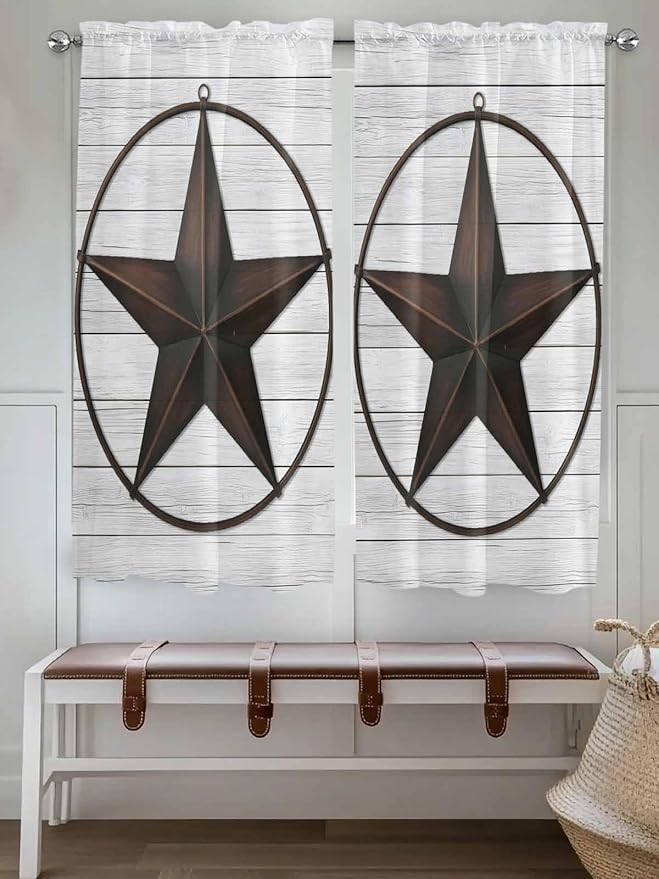Vintage Farm Western Star Window Valance Curtains, White Wood Grain Light Filtering Kitchen Valance with 3-inch Rod Pocket for Living Room Bathroom Bedroom,2 Panel,52x72In