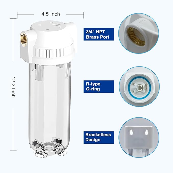 Whole House/RV Water Filter Housing Clear, 10" X 2.5" Inline Sediment Water Filter for RV, Home, Garden, Aquarium, Maple Syrup RO System, 3/4" NPT Brass Port,R-Type O-Ring,Heavy Duty Bracket-1025CBH