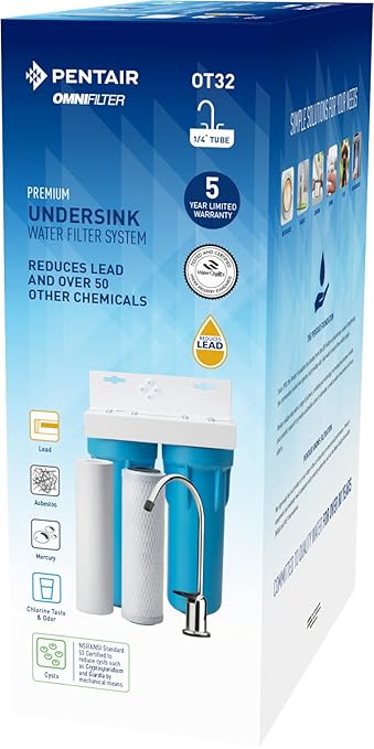 Pentair OMNIFIlter OT32 Water Filtration System, 10" Premium Dual-Stage Undersink Filter System, NSF Certified to Reduce PFOA/PFOS, Includes Dual Housings, RS14 and CB3 Cartridges and All Hardware