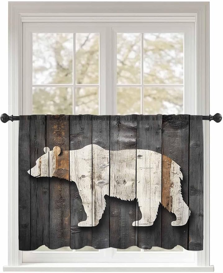 Sheer Curtains 45 Inch Length, Vintage White Brown Bear Semi Sheer Curtains Light Filtering Window Treatment, Retro Country Rustic Wood Grain Privacy Voile Drapes for Living Room Bedroom 52x45 Inch
