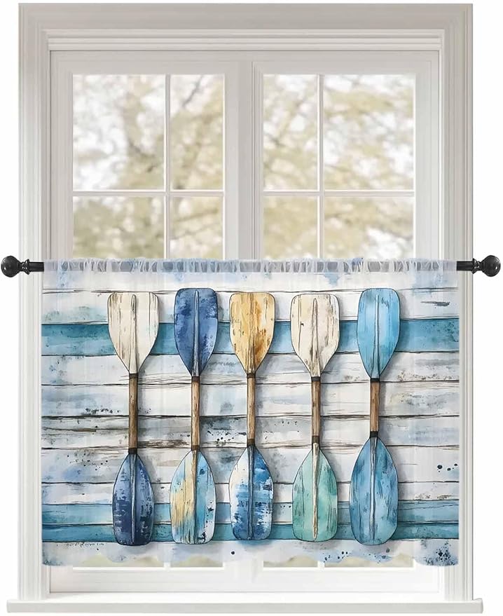 Sheer Curtains 54 Inch Length, Lake Paddle Striped Semi Sheer Curtains Light Filtering Window Treatment, Watercolor Vintage Wood Grain Privacy Voile Drapes for Living Room Bedroom 52x54 Inch