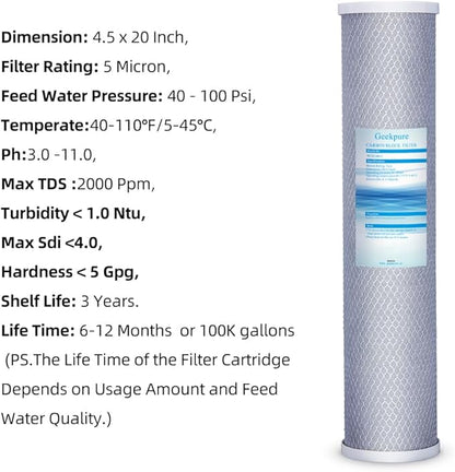Geekpure Whole House PP Sediment and Carbon Block Replacement Filters -4.5 x 20 Inch -5 Micron-Pack of 4