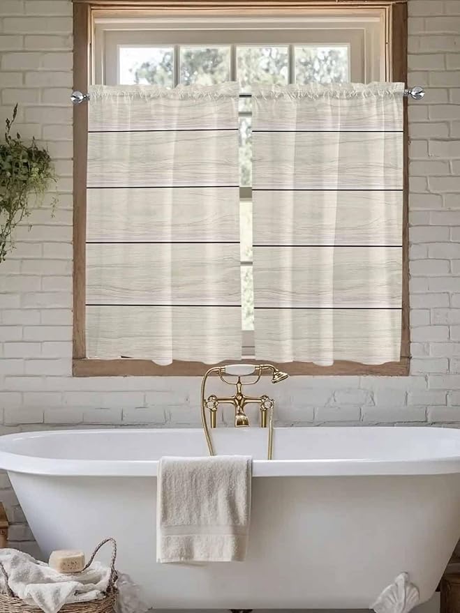 Vintage Country Wooden Board Window Valance Curtains, Gradient Wood Grain Line Light Filtering Kitchen Valance with 3-inch Rod Pocket for Living Room Bathroom Bedroom,2 Panel,52x54In