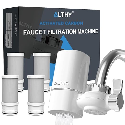 ALTHY Faucet Water Filter, BPA-Free Sink Tap Water Purifier, Certified Reduces Chlorine Heavy Metals & Bad Taste, Only Fits Standard Tap, Includes 1 System & 4 Filter