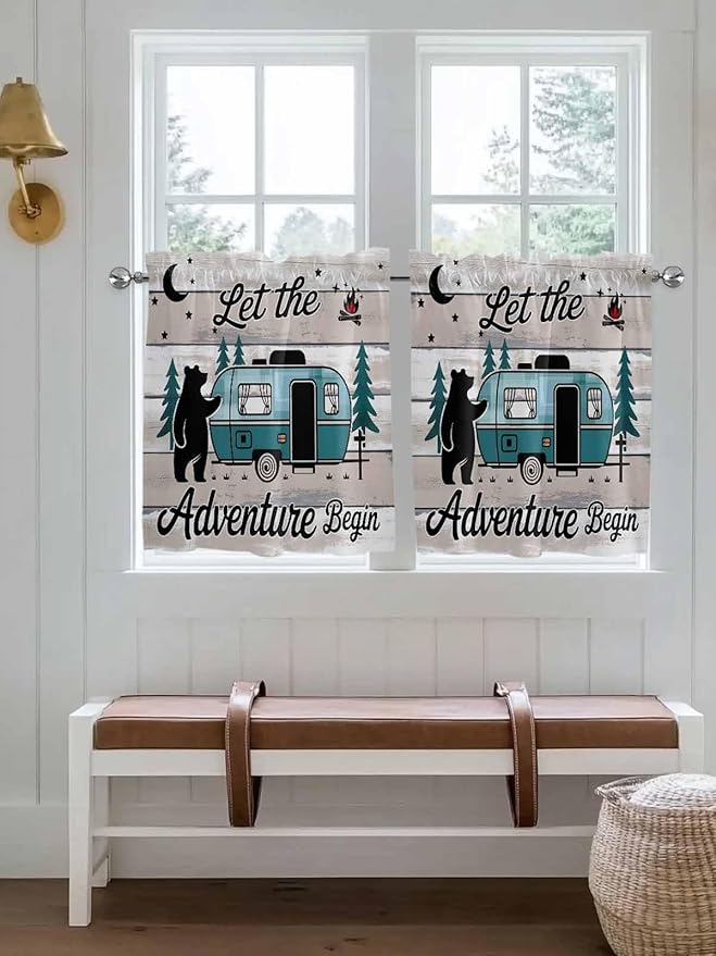 Farmhouse Bear Camper Van Tree Window Valance Curtains, Vintage Wood Grain Light Filtering Kitchen Valance with 3-inch Rod Pocket for Living Room Bathroom Bedroom,2 Panel,27.5x36In