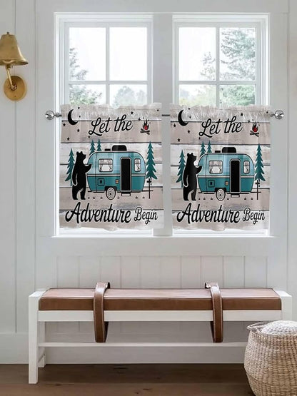 Farmhouse Bear Camper Van Tree Window Valance Curtains, Vintage Wood Grain Light Filtering Kitchen Valance with 3-inch Rod Pocket for Living Room Bathroom Bedroom,2 Panel,27.5x36In
