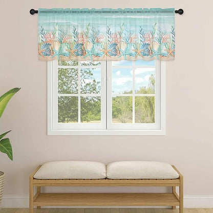Summer Beach Sheer Valance Curtains, Green Ocean Colorful Coral Shell Seaweed Starfish Sandy Light Filtering Kitchen Valances Rod Pocket Voile Curtain for Bedroom/Living Room/Basement 54Wx18L