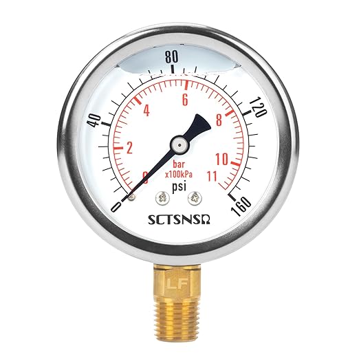 2-1/2" Dial Size, 0-160 Psi Lead-Free Pressure Gauge, Glycerin Liquid Filled, 1/4" NPT Lower Mount, Stainless Steel Case, for Regulator, Potable Water Pump, RV Hose, Well, Air, Pressure Test